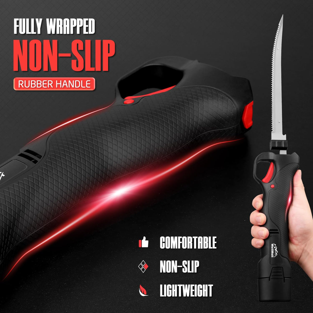 WellMall Cordless Electric Fillet Knife - Electric Fillet Knife for Fish with 4 Stainless Steel Blades, Cordless, with Safe Lock, Non-Slip Grip Handle WellMall