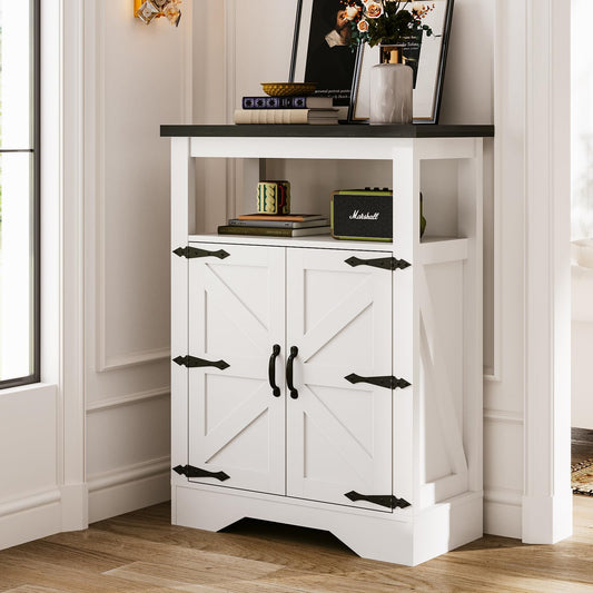 Maupvit 23.6" Rustic White Farmhouse Storage Cabinet, 2 Doors, 2 Open Shelves, 31.9"L x 11.8"D x 23.6"H, Kitchen Pantry, Coffee Bar, Sideboard, Cupboard, Bookcase