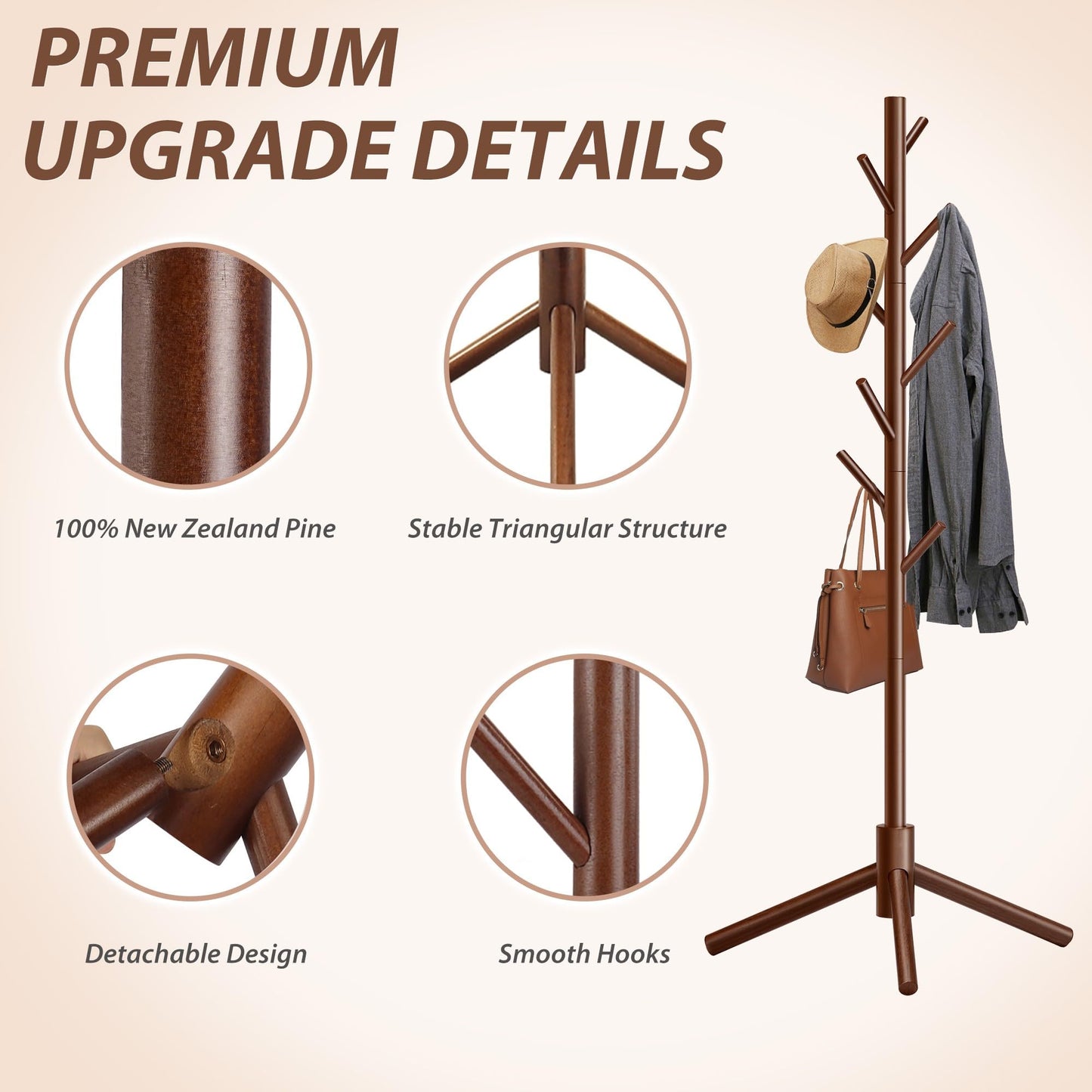 Unisakey Durable Wooden Coat Rack, Freestanding Coat Rack with Stable Triangular Base, 8 Hooks & 3 Adjustable Heights, Simple Assembly for Bedroom, Hallway, Office(New Brown)