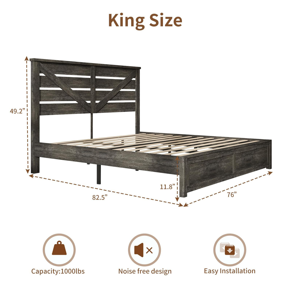 LUXOAK King Size Farmhouse Wooden Bed Frame, Platform Bed Frame with 49.2" Headboard/No Box Spring Needed/Noisy Free/Easy Assembly/Grey LUXOAK