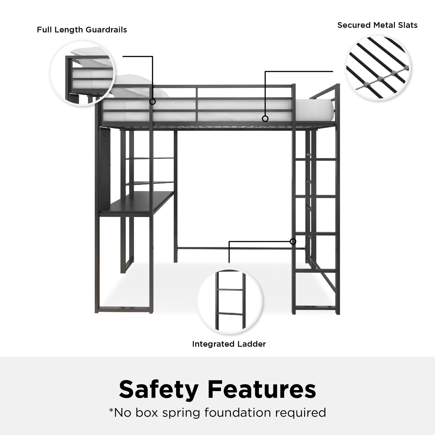 DHP Abode Space-Saving Twin Metal Loft Bed with Desk and Shelves - Black