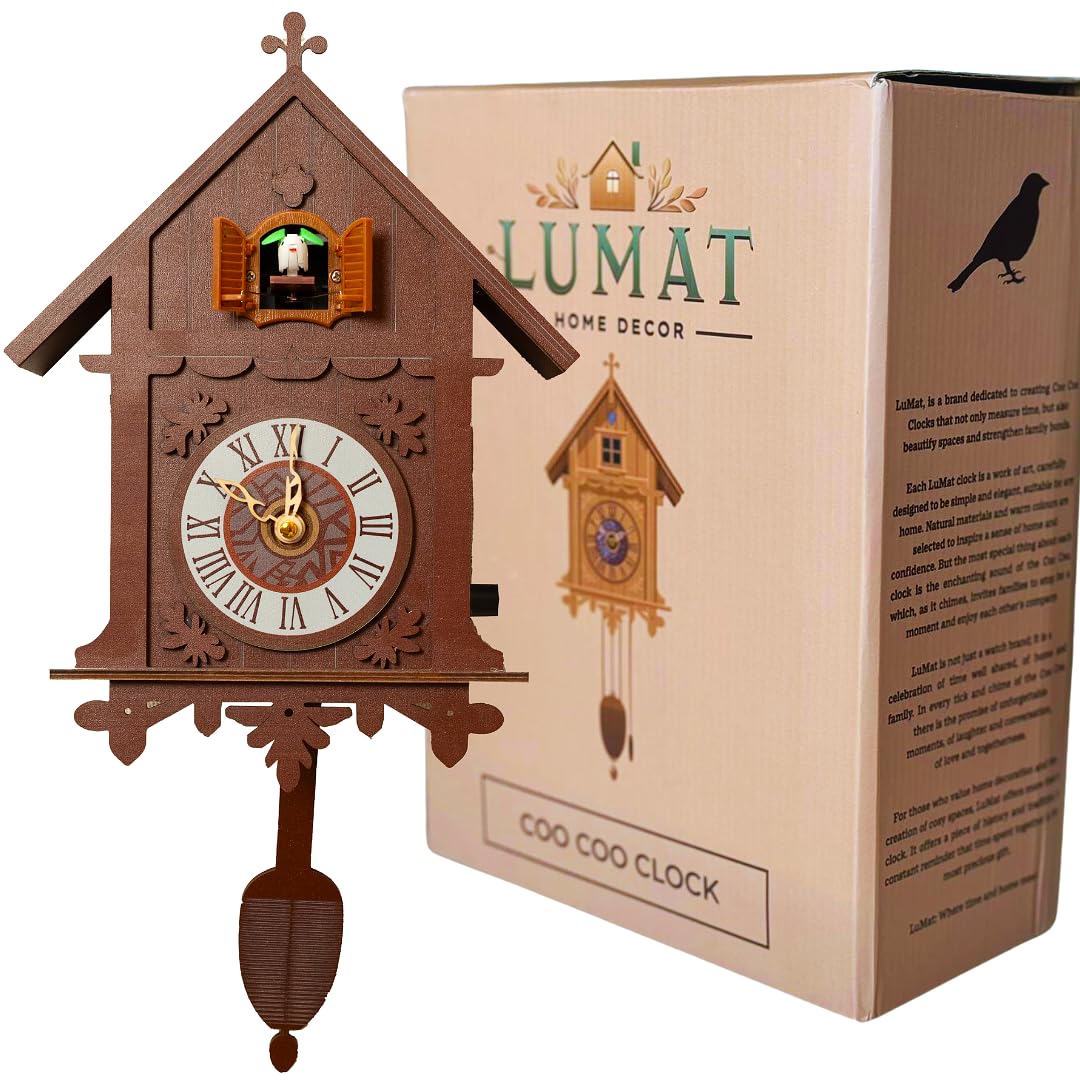 Lumat Cuckoo Clock - Modern Brown Cuckoo Clocks for Wall - Natural melodies - Volume Control - Night Mode - Perfect for Adults, Kids and Families - Battery Powered Lumat