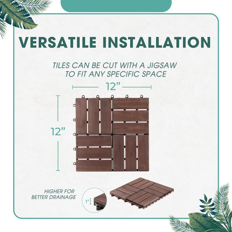 Idzo Interlocking Deck Tiles - 10PCS Waterproof Acacia Wood Patio, Flooring Panels for Both Indoor and Outdoor - Decking Checker Pattern, 12 x 12 x 0.9 Inches, Dark Brown IDZO