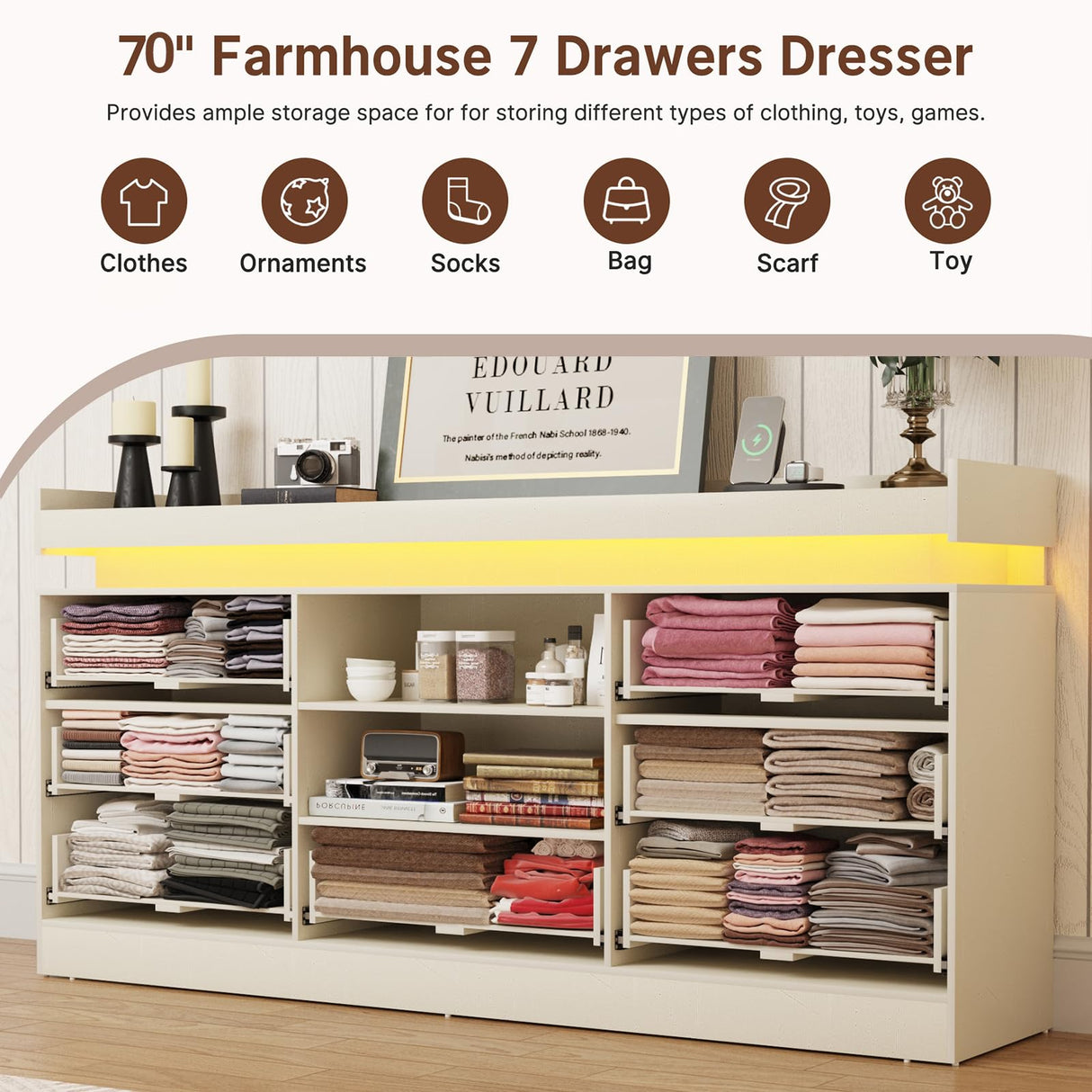 70" Large Farmhouse 7 Drawers Dresser for Bedroom with LED Light and Power Outlets + 2 Open Storage Shelves,Wide 7 Chests of Drawers for Closet,Storage Dressers Organizer for Bedroom(Antique White) Hlivelood