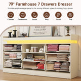 70" Large Farmhouse 7 Drawers Dresser for Bedroom with LED Light and Power Outlets + 2 Open Storage Shelves,Wide 7 Chests of Drawers for Closet,Storage Dressers Organizer for Bedroom(Antique White) Hlivelood