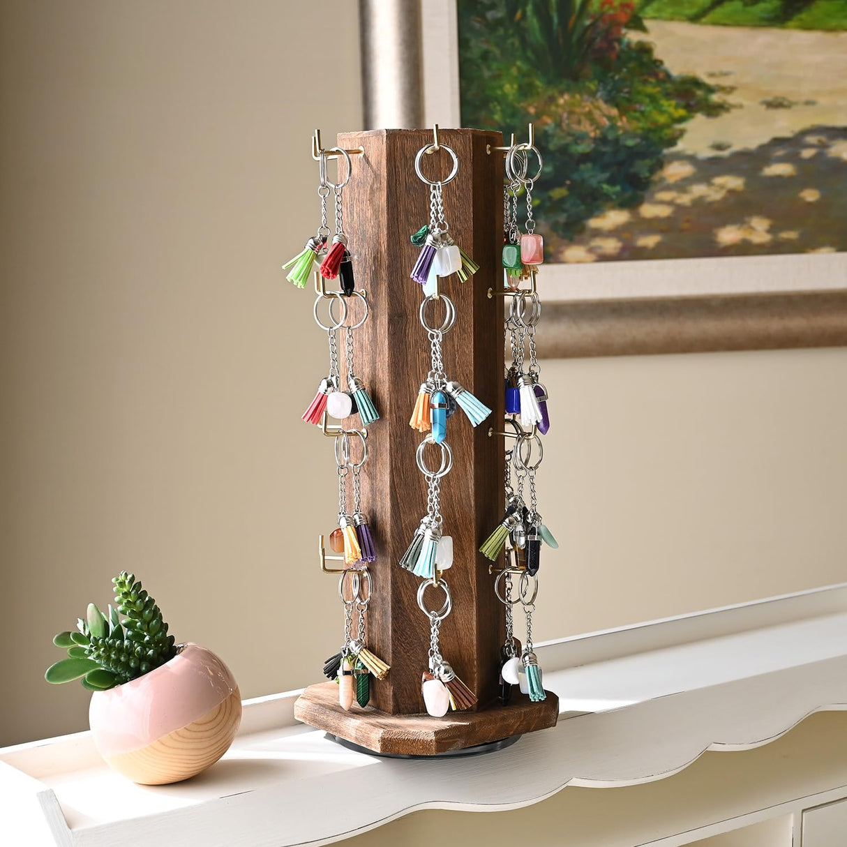 Ikee Design Free Assemble 24 Hooks Wood Hexagon 6 Sided Rotating Jewelry Display Stand Tower for Earrings,Bracelets, Keychain Earring Display Stand for Selling, Showcase, Brown Color Ikee Design