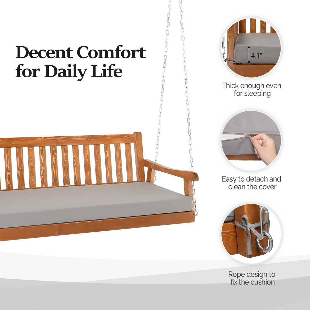 VINGLI Upgraded 6 FT Pine Wood Porch Swing Daybed, Heavy Duty 880 LBS Patio Hanging Swing Sofa Bench with Adjustable Chains and Grey Cushions, Brown Finish VINGLI