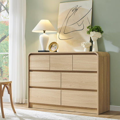 Aitjunz Modern 7 Drawers Dresser for Bedroom, 47" Wide Wood Dressers & Chests of Drawers w/Curved Profile Design, Mid Century Modern Dresser w/Natural Texture for Bedroom, Living Room, Natural Oak