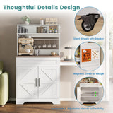 ANCTOR Coffee Bars Farmhouse Cabinet with Hutch, 56.7'' Extendable Kitchen Buffet Sideboard with 5 Hooks, Magnetic Note Zone Adjustable Shelves, White Wine Cabinet for Dining Room ANCTOR