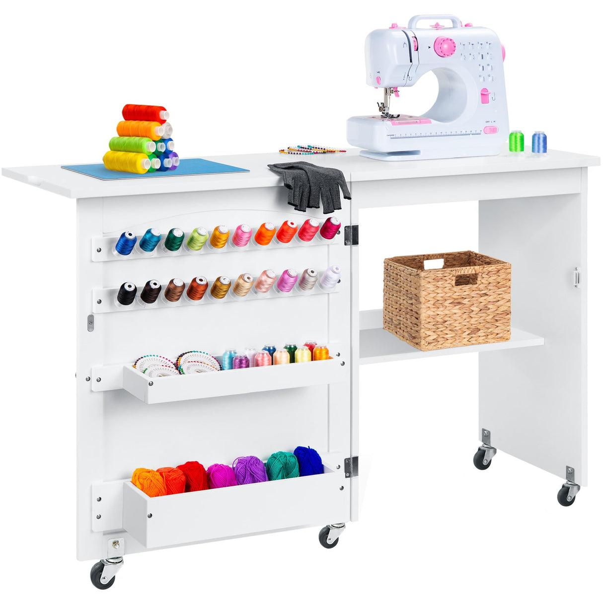 Best Choice Products Folding Sewing Table Multipurpose Craft Station & Side Desk with Compact Design, Wheels, Shelves, Storage Trays, Pegs, Magnetic Doors, Metal Doorknobs - White Best Choice Products