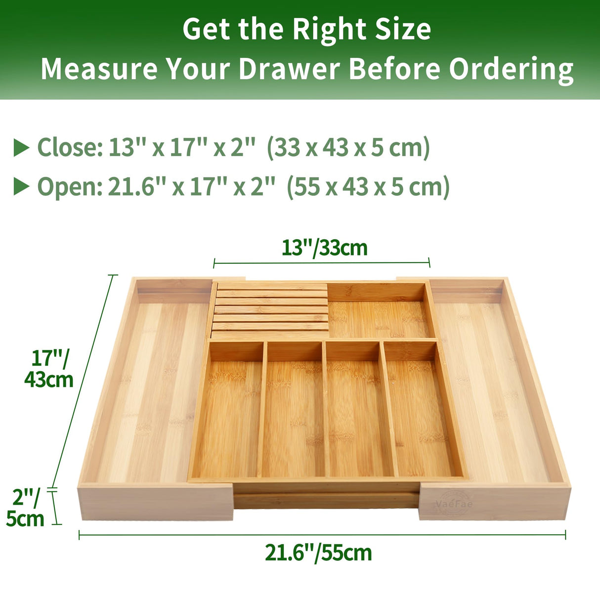 VaeFae Bamboo Silverware Drawer Organizer Kitchen, Expandable Utensil Organizer with Knife Block, Cutlery Tray with Divider, Multifunctional Wooden Drawer Organizer VaeFae