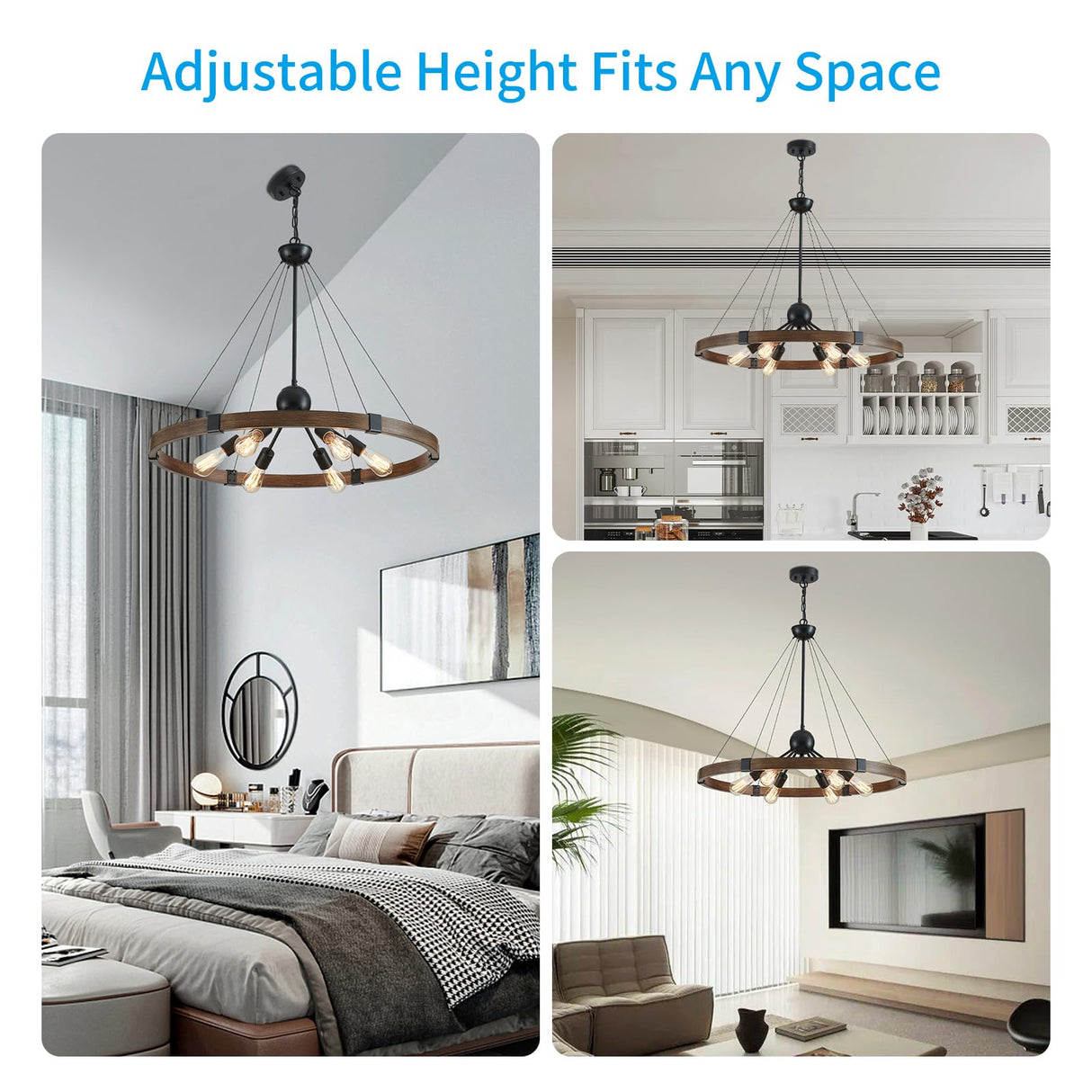 XINGQI 31.5" Wagon Wheel Chandeliers Large Modern Farmhouse Light Fixture, Black & Wood Grain Finish 6-Light for Dining Room Living Room Office XINGQI