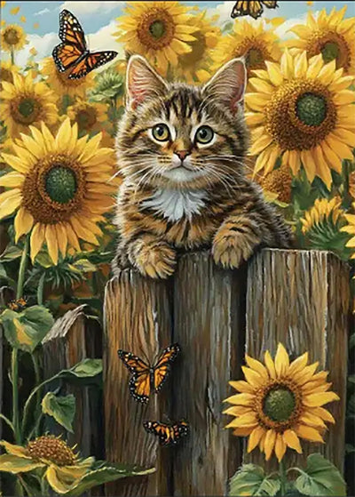 AIBOERL Sunflowers Cat Diamond Art Kits for Adults,Cat 5D Diamond Painting Kits for Adults Beginners,DIY Full Round Drill Diamond Dot Painting Gem Art Kits for Adult,Home Wall Decor 12x16Inch