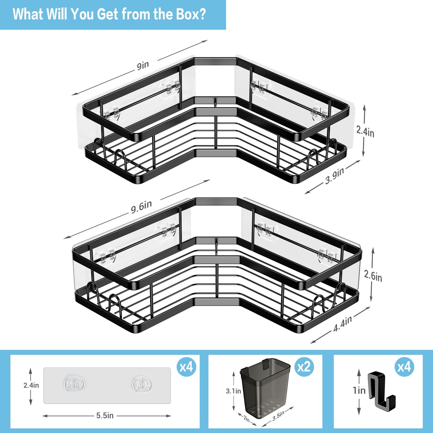 AKTECKE Corner Shower Caddy, 2 Pack Adhesive Shower Corner Organizer Shelves, No Drilling Stainless Steel Shower Storage Rack with Hooks&Toothpaste Holder for Bathroom, Dorm and Kitchen