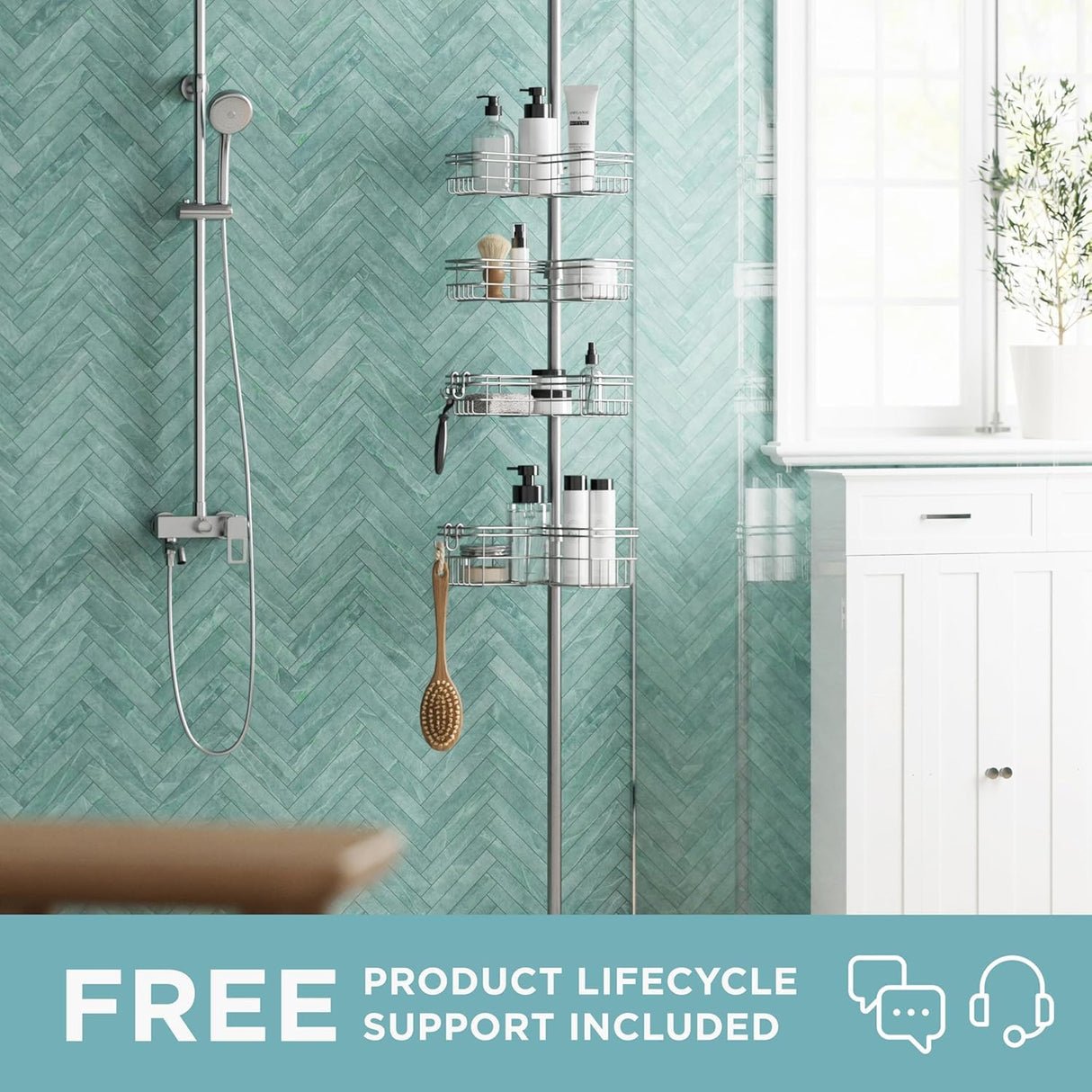 Zenna Home Tension Pole Shower Caddy Corner Organizer, Adjustable Standing Shower Caddy with 4 L-shaped Baskets and Hooks, Rust Resistant Bathroom Tension Rod Organizer, 60 to 97 Inch, Satin Nickel Zenna Home