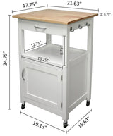 eHemco Kitchen Island Cart on Wheels with Drawer, Storage Cabinet, Shelf and Natural Solid Hardwood Top, White Base eHemco