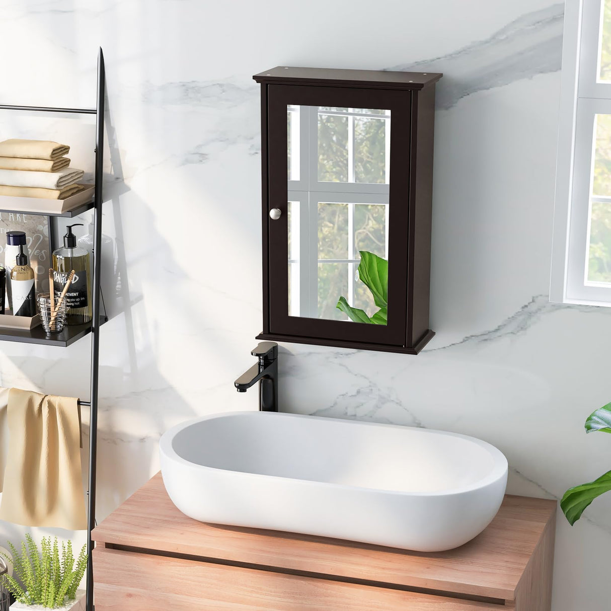 LOKO Bathroom Medicine Cabinet with Mirror, Wall Mounted Storage Cabinet with Single Mirrored Door and Adjustable Shelf for Bathroom, Living Room or Entryway, 13.5 x 6 x 21 inches (Brown) LOKO