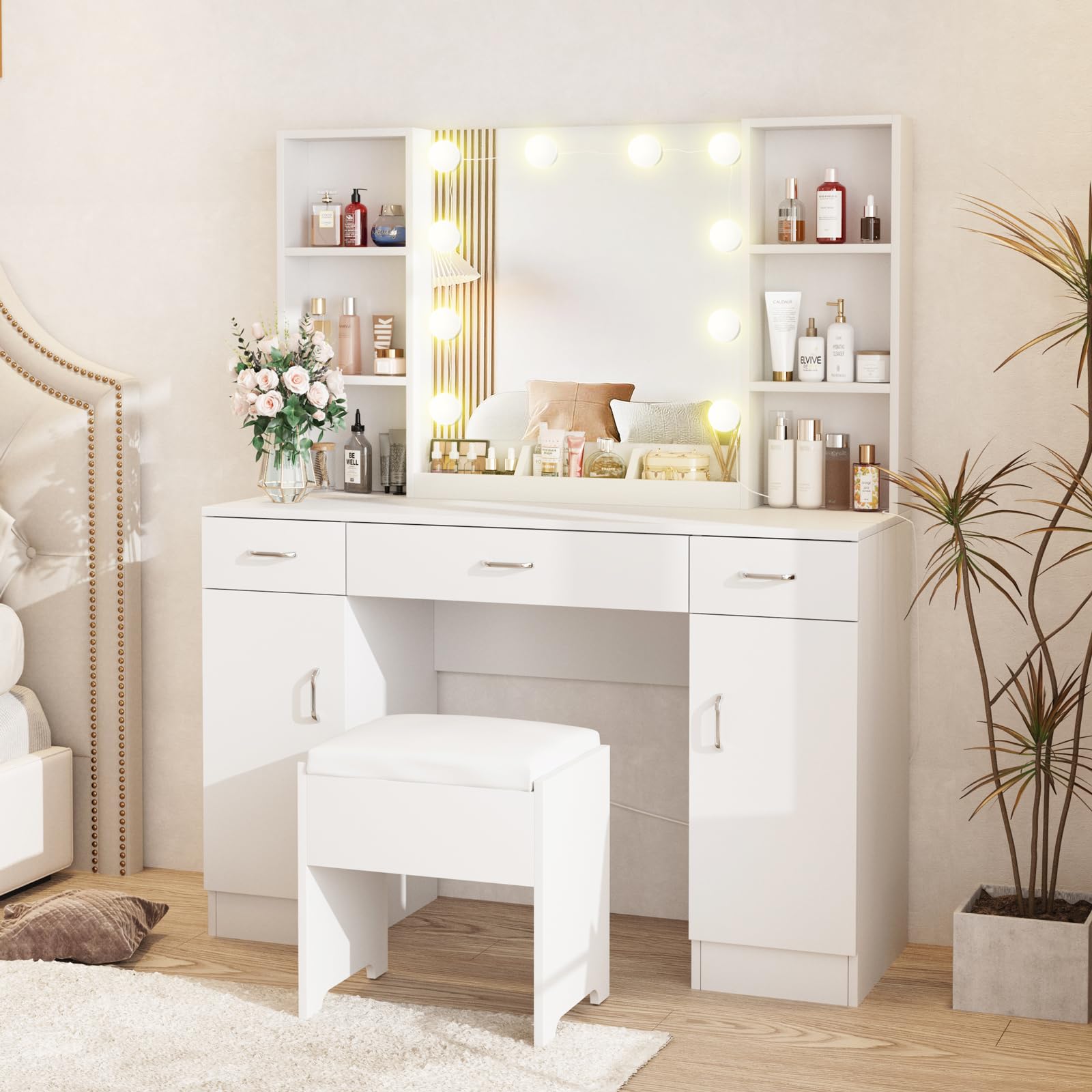 Vabches Vanity with Lighted Mirror, Large Vanity Desk Makeup Vanity Table Set with Comfortable Bench and Side Cabinets, Lots Storage, 45.2inch, White - WoodArtSupply