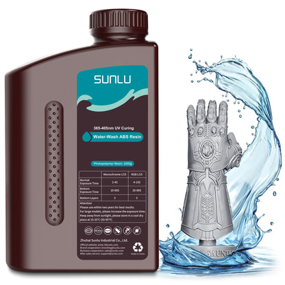 SUNLU 1000g Water-Wash ABS Resin, Combines features of ABSLIKE Resin & Water Washable Resin, Non Brittle, High Precision, Low Shrinkage, Fast Curing 3D Resin for LCD DLP SLA 3D Printers, 1KG Grey