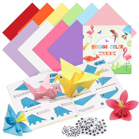 Koogel Origami Kit for Kids, 250 Sheets Origami Paper with Instructions Book, 6x6 Inch Square Double Side Color Folding Paper for Beginners, Adults Kids DIY Activities, Back to School Supplies Koogel