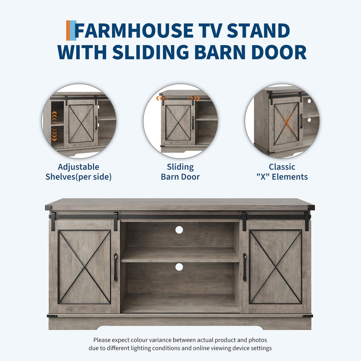 Farmhouse TV Stand for TVs Up to 65", Rustic Entertainment Center with Sliding Barn Doors, Storage Cabinets & Adjustable Shelf, Media Console for Living Room, Bedroom, Grey GAOMON