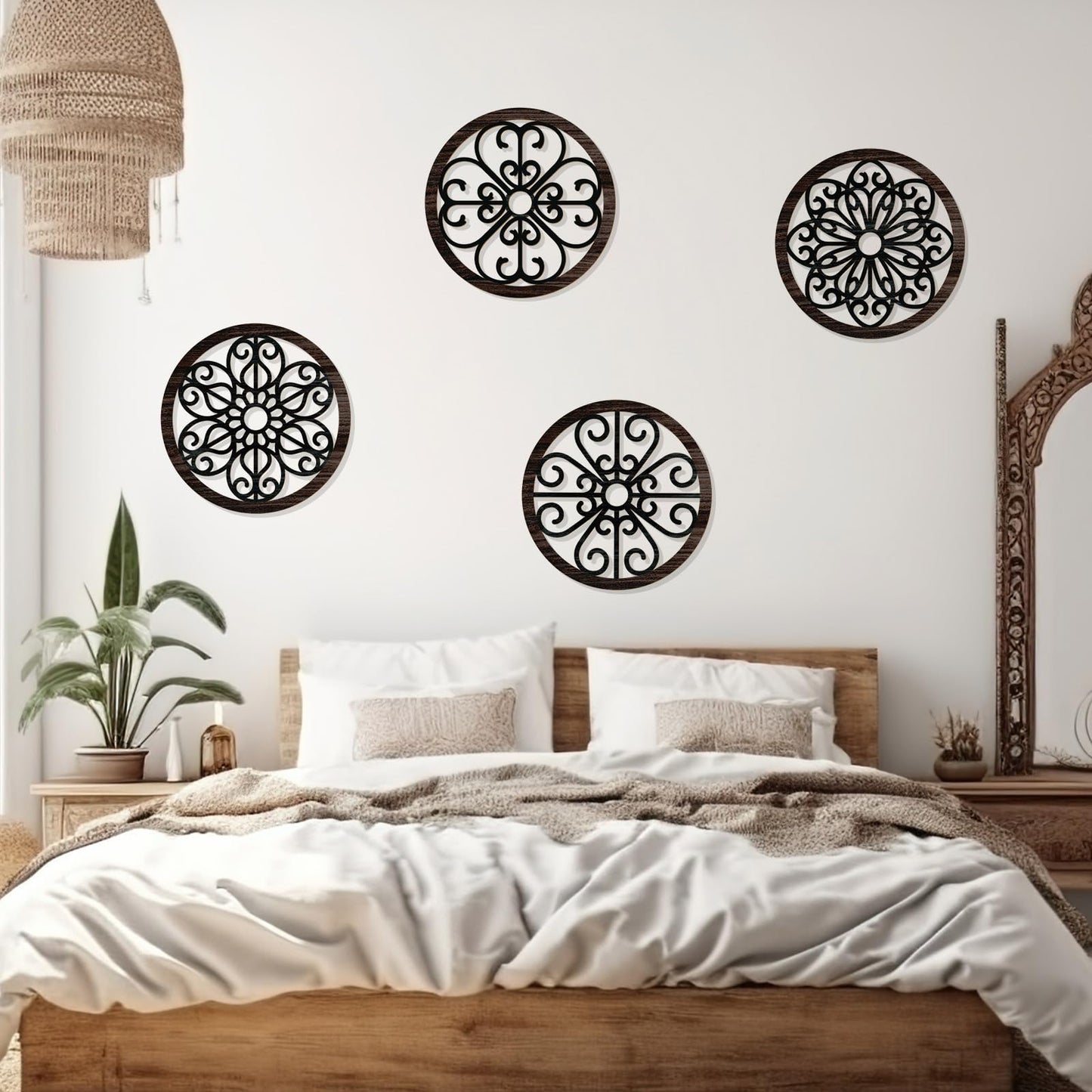 Zzbakress 4 Pcs Wooden Grainy Rustic Wall Art Farmhouse Wall Decor Wooden Exquisite Hollow Pattern Wall Decor Elegant Round Wall Art for Living Room Dinner Room Kitchen Bedroom Hallway (Black, Rustic)