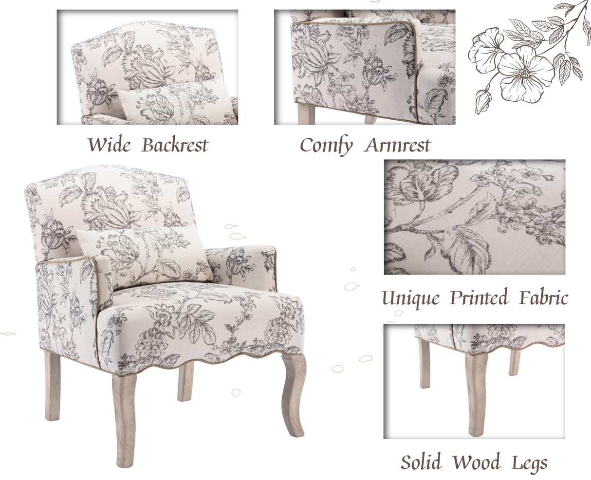 Shunzhi Floral Accent Chairs Farmhouse Upholstered Armchair Linen Reading Chair Mid Century Modern Single Sofa Chair with Pillow for Bedroom/Living Room/Fireplace, Beige, 1PC Shunzhi