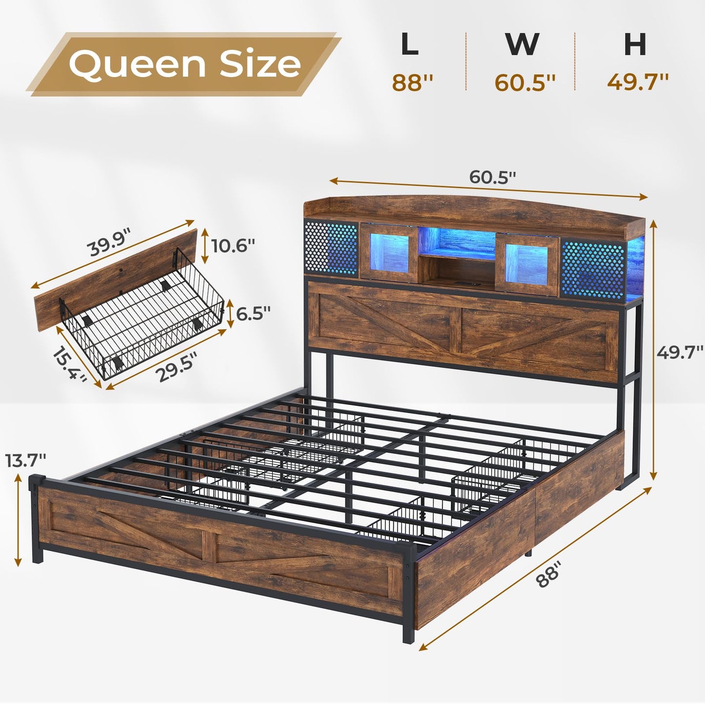 BTHFST Farmhouse Queen Bed Frame with Storage Headboard & 4 Drawers, LED Bed Frame Queen Size with Charging Station, Wood Platform Bed with Metal Slats Support, No Box Spring Needed, Rustic Brown