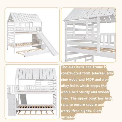 MERITLINE House Bunk Beds Twin Over Twin with Slide, Twin Bunk Bed with Storage Stairs and Trundle, Wood Kids Bunk Bed with Roof and Window Design for Girls, Boys,White