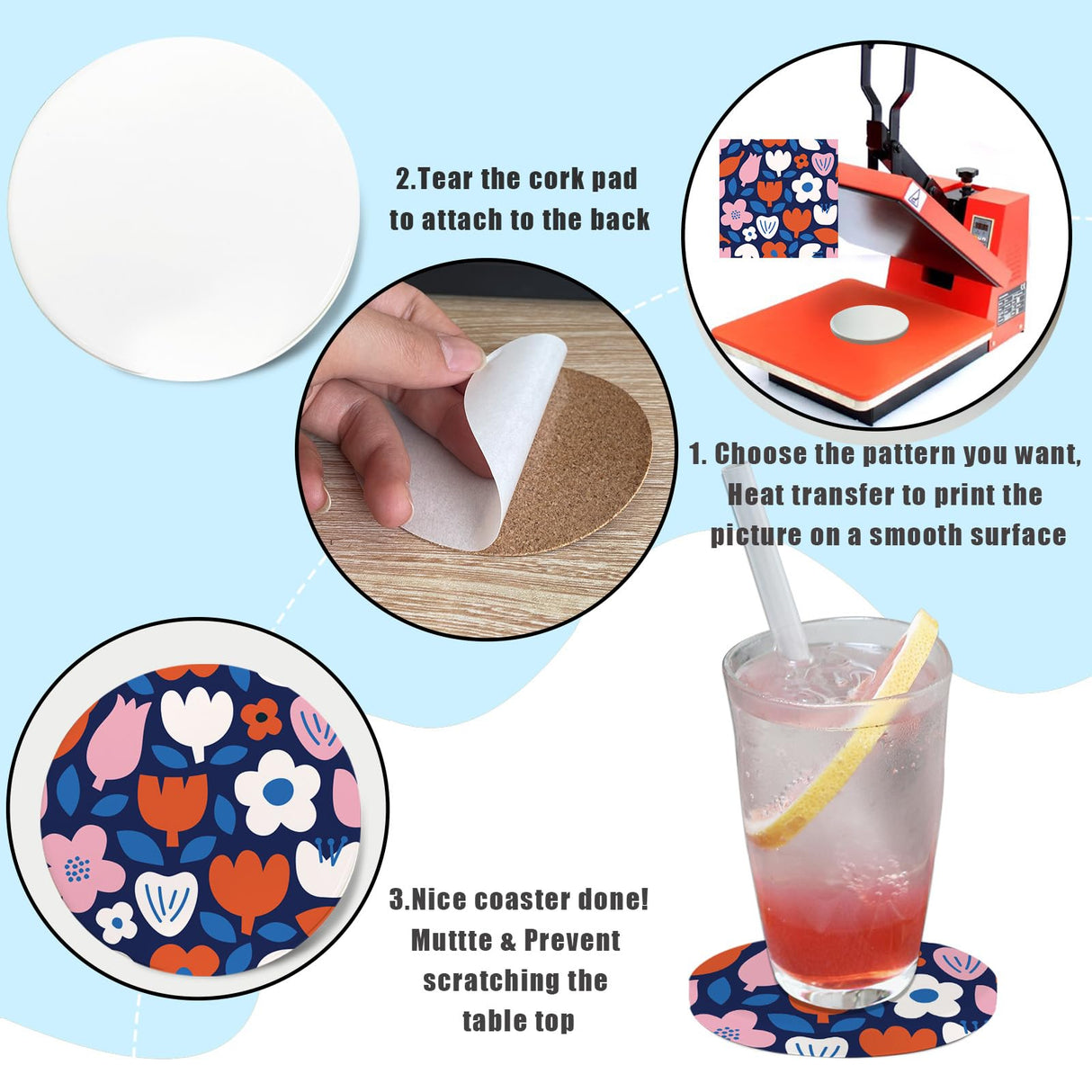 Sublimation Ceramic Coasters Blanks Bulk Round Drinks Coffee Cup Beverage Table Coaster, Absorbent Ceramic Coaster Set, Heat Transfer Cup Coasters for Home Decor with Cork Backing Pads (2PCS) Threenine