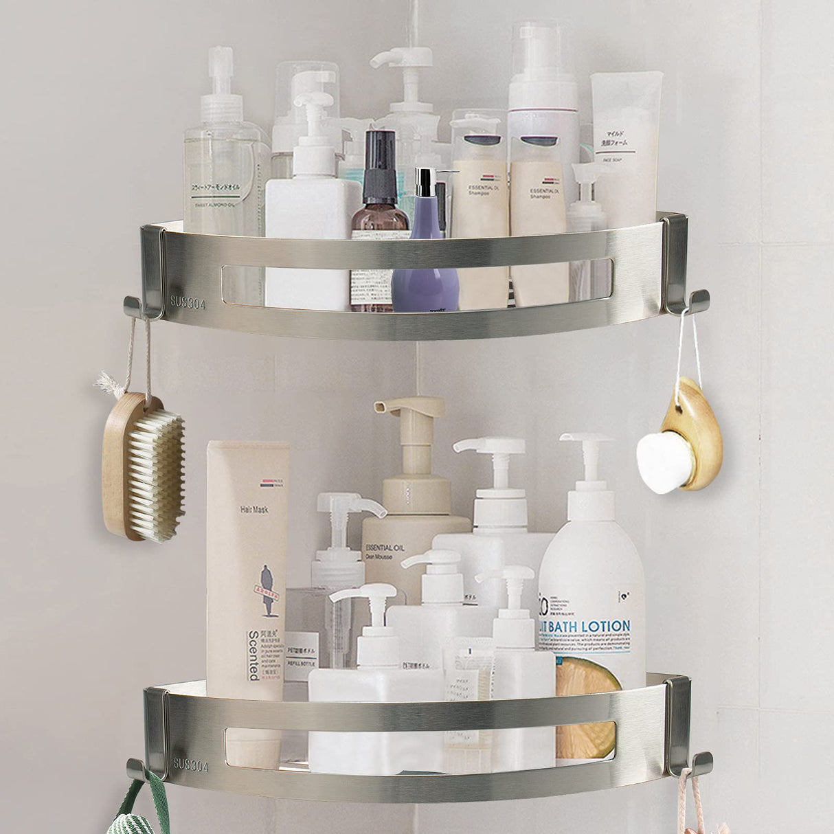 NearMoon Bathroom Shower Caddy 2 Pack, No Drill 304 Stainless Steel Shower Organizer with 2 Hooks (Corner Shelf, Brushed Nickel) NearMoon
