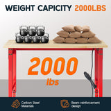 Albott Adjustable Workbench, 28.7-38.6" Height, Rubber Wood Top, Heavy-Duty Design with Power Outlets & Hooks, 2000 LB Capacity for Garage, Workshop, Home, or Office，Red Albott