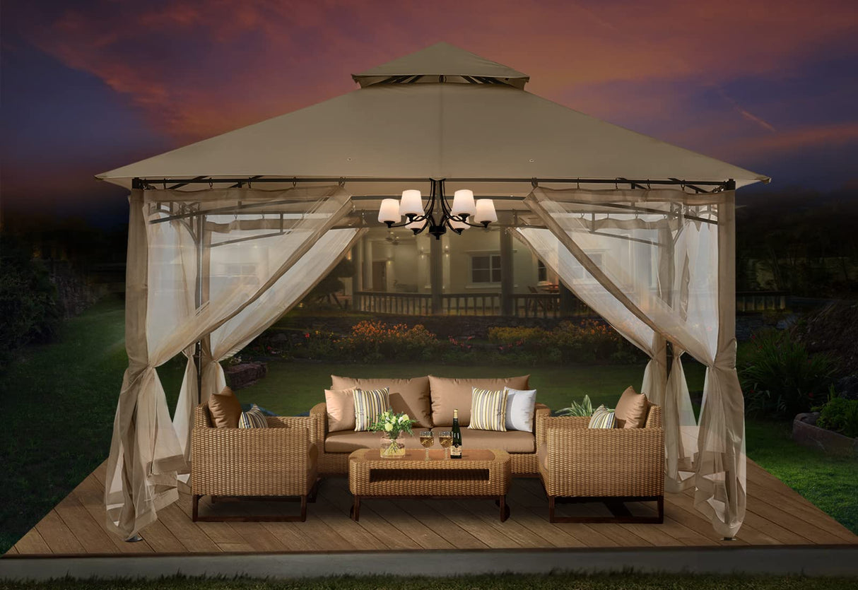 ABCCANOPY Gazebos for Patios 10x12 - Outdoor Steel Frame Gazebo with Mosquito Netting for Lawn Backyard Garden Deck (Khaki) ABCCANOPY