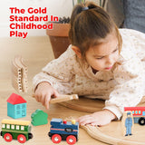 On Track USA Wooden Train Set 35 Piece All in One Wooden Toy Train Tracks Set with Magnetic Trains and Railway Accessories, Comes in A Clear On Track USA