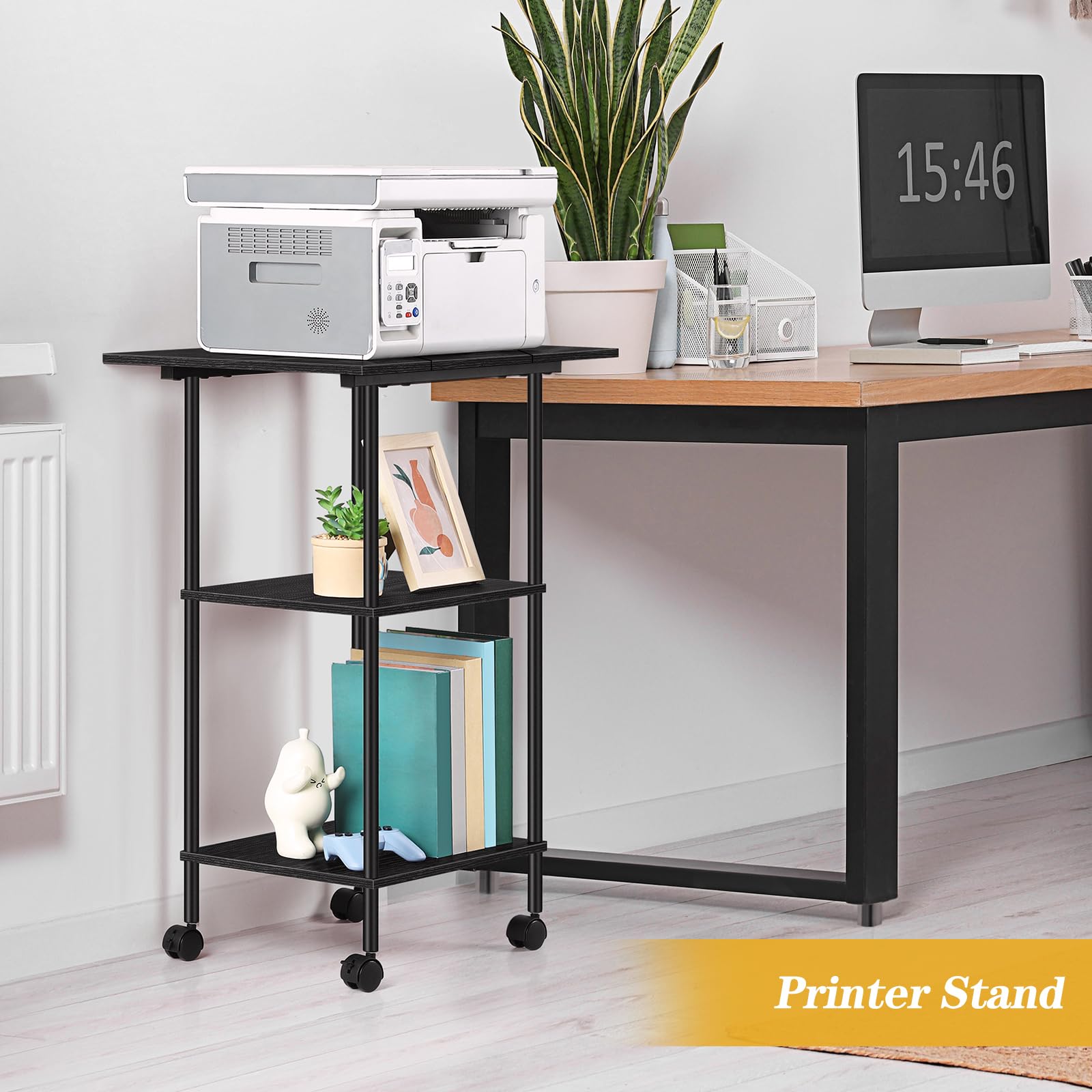 Luplom Black Printer Stand with Storage 3 Tier Rolling Printer Cart with Wheels Large Printer Table for Home Office, Modern Printer Desk Shelf Side Table for Filing Fax Machine Scanner Microw - WoodArtSupply