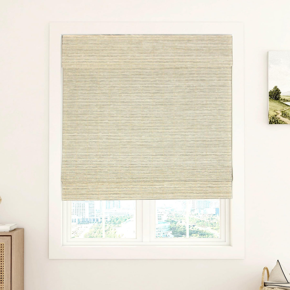 LUSTROWIN Custom Cordless Flax/Paper/Bamboo Roman Window Shades with Valance, Window Blinds Light Flitering Window Treatment Shades for Indoor Windows, Griege, 31" W x 64" H LUSTROWIN