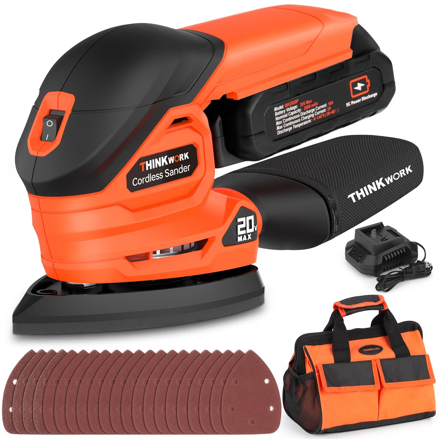 THINKWORK Cordless Detail Sander - 20V Electric Sander Tool with 21Pcs Sandpapers, 12000 OPM Power Sander with Dust Collection, Battery, Charger, Bag, Compact Hand Sanders for Woodworking,San - WoodArtSupply