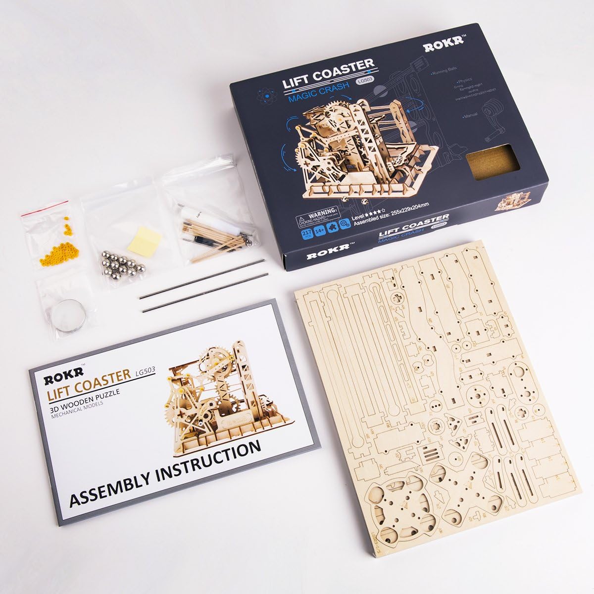 ROKR 3D Wooden Puzzles Marble Run Set - Mechanical Model Kit for Adults DIY Roller Coaster Toys Gifts for Boys/Girls (Marble Channel) ROKR