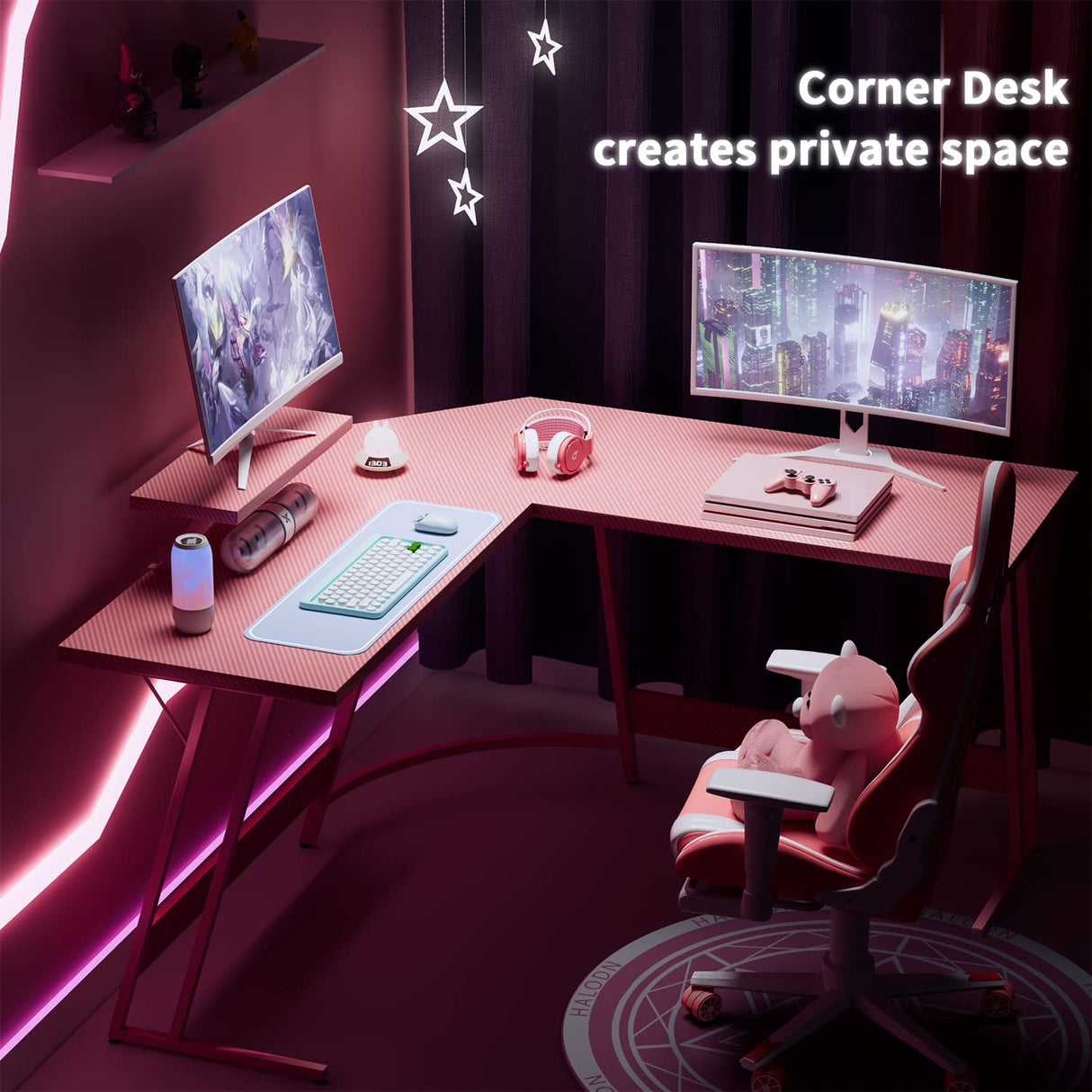 VICTONE L Shaped Gaming Desk, Corner Desk with Monitor Stand, Computer PC Table for Home Office Writing Studying Working, Space-Saving, Easy Assemble(Pink,51'') VICTONE