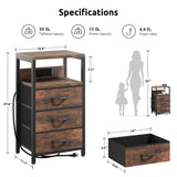 NightStand Bedside Charging Table Bedroom - Night Stand with Charger Station, Modern Nightstand with Open Shelf & 3 Fabric Drawers, Bed Side Table USB-C USB Ports & AC Outlets for Dorm Living Room Lazzanto