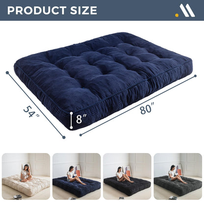 MAXYOYO 8" Futon Mattress Full Size, Ultra Thick Futons Sofa Couch Bed Tufted Sleeper Sofa Bed, Corded Fabric Floor Mattress for Adults, Shredded Foam Filling (Frame Not Included), Navy