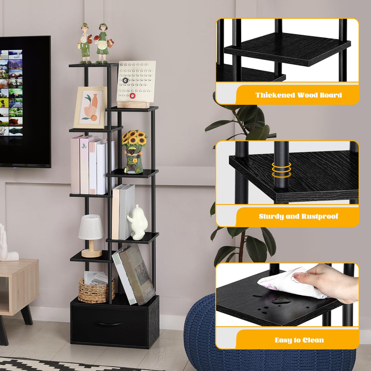 Vrisa Bookshelf with Fabric Drawer 7 Tier Bookcase with Storage 53" Tall Narrow Industrial Book Shelf Open Freestanding Shelf Organizer Unit for Living Room, Bedroom, Home Office, Black Vrisa