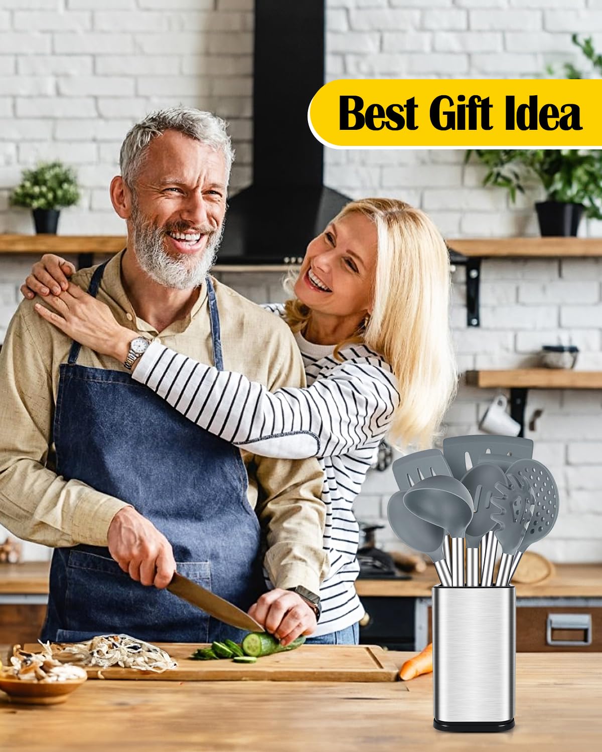 Silicone Cooking Utensil Set, 8Pcs Non-stick Cookware with Stainless Steel Handle, BPA Free Heat Resistant Kitchen Tools with Spatulas, Turnesr, Spoons, Skimer and Pasta Fork (GRAY) BUNDLEPRO