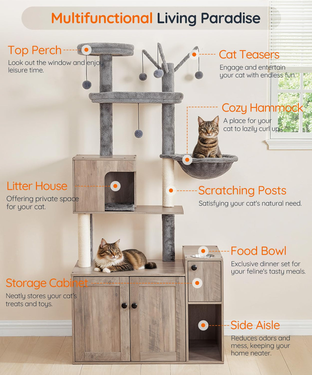 HOOBRO Cat Tree with Litter Box Enclosure, Cat Tower with Food Bowl and Storage, Hidden Cat Litter Enclosure Furniture, All-in-One Modern Cat Condo, with Cat House, Hammock and Perch, Greige BG80MZ03 HOOBRO