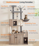 HOOBRO Cat Tree with Litter Box Enclosure, Cat Tower with Food Bowl and Storage, Hidden Cat Litter Enclosure Furniture, All-in-One Modern Cat Condo, with Cat House, Hammock and Perch, Greige BG80MZ03 HOOBRO