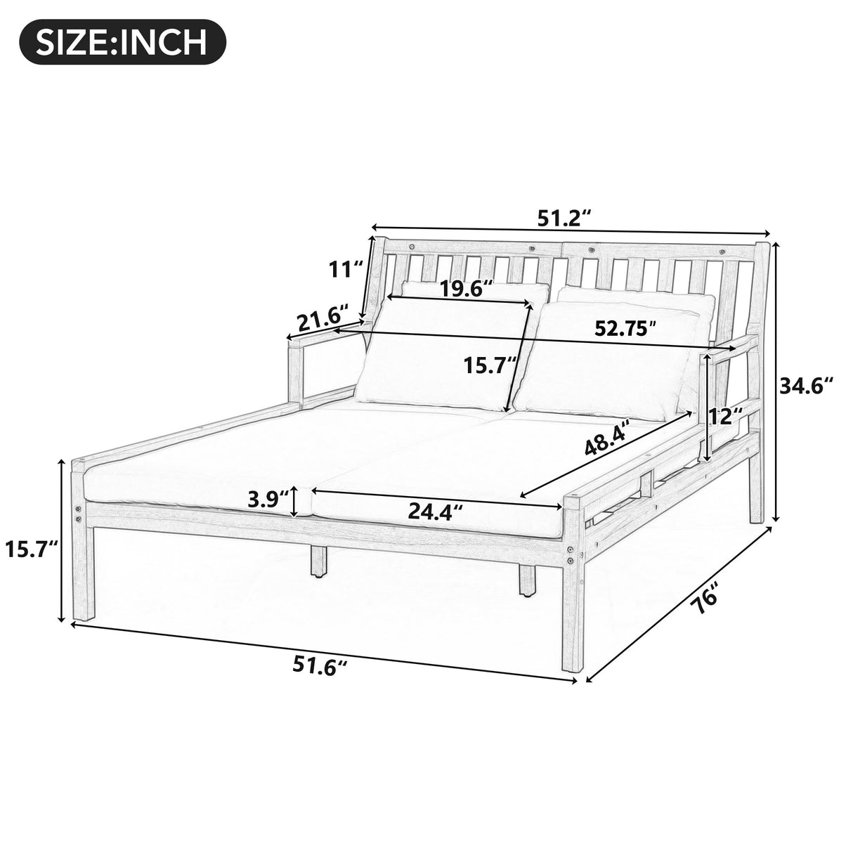 Merax Outdoor Daybed, 3 Seater Acacia Wood Daybed, Patio Day Bed with Four Pillows, Wooden Outdoor Bed with Curved Armrests for Poolside, Backyard, Garden, Gray Merax