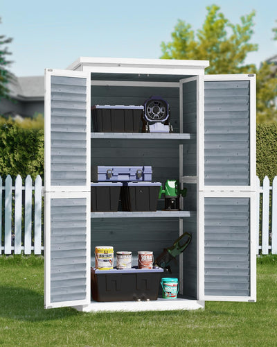 Bealife 63.2" Outdoor Storage Cabinet with Double Doors, Lockable Vertical Storage Shed with 3 Shelves Organizer, Waterproof Fir Wood Tool Closet Shed for Garden, Backyard, Patio, and Lawn -Grey