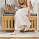 Shoe Storage Bench, Bamboo Entryway Bench with 2 Doors & Padded Seat Cushion, 2 Tier Shoe Rack, 35.4" W x 12.6" D x 19.7" H, Shoe Cabinet Organizer for Entryway, Living Room, Bedroom, Hallway, Nature oakvivo