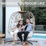 NICESOUL Double Egg Chair Outdoor Indoor, Oversized 2 Person Swing with Stand, All-Weather Large Wicker Hanging Loveseat, 700 LBS Heavy Duty Patio Swinging Seat w/Cushion for Balcony, Beige NICESOUL