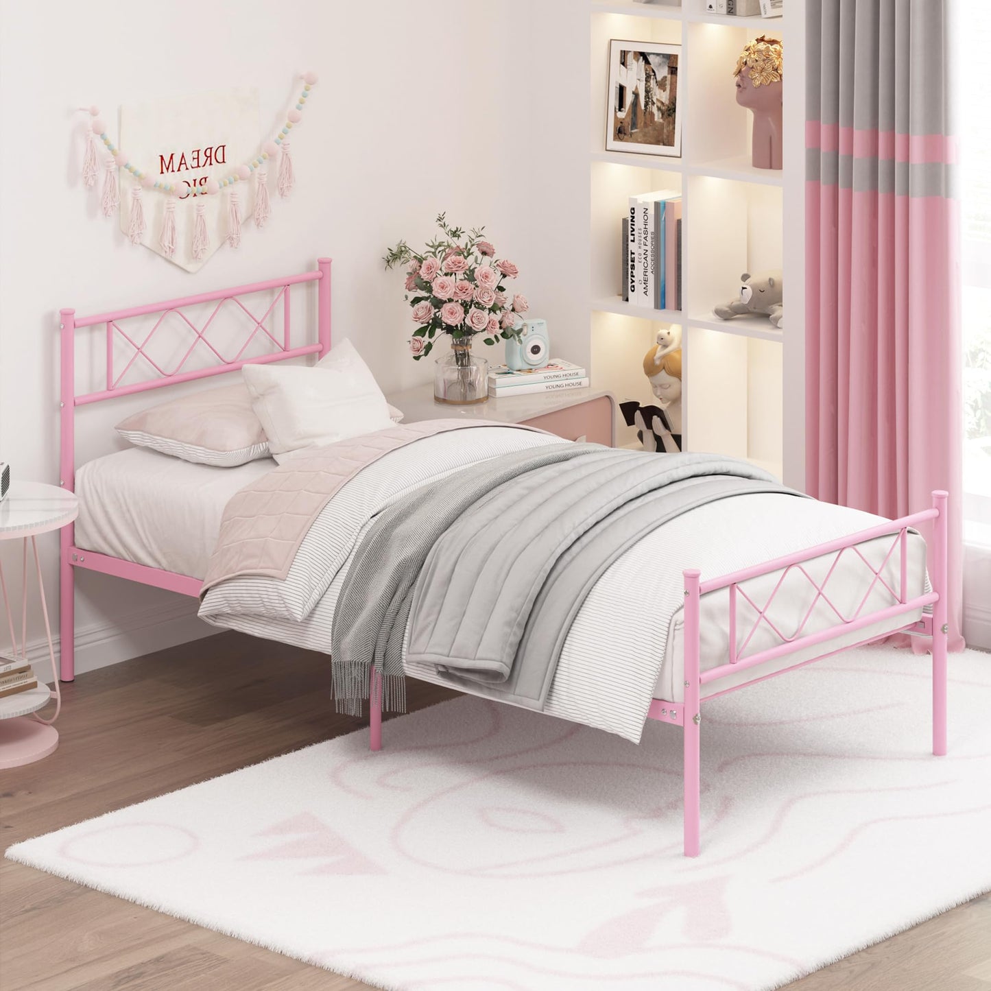 Weehom Twin Bed Frame, Metal Platform Bed Frame with Storage Bed for Kids Girls with Headboard Footboard No Box Spring Needed Pink